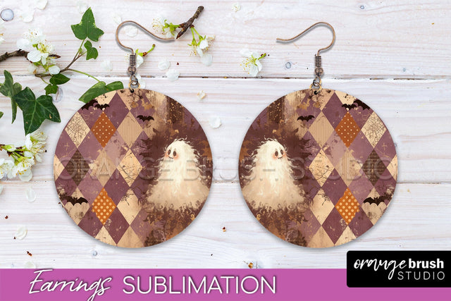 Patchwork Halloween Earrings Round Earrings Sublimation Sublimation OrangeBrushStudio 