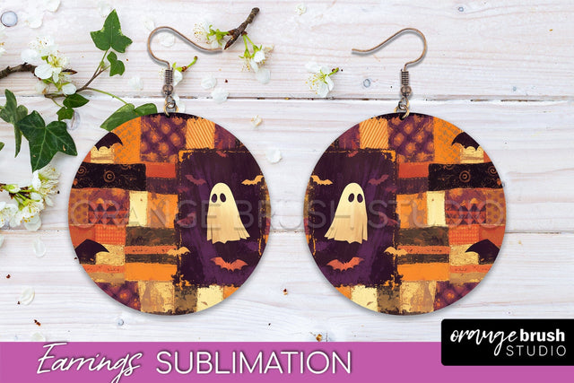 Patchwork Halloween Earrings Round Earrings Sublimation Sublimation OrangeBrushStudio 