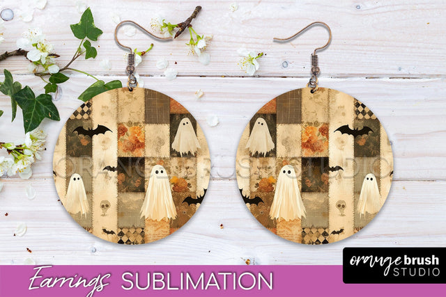 Patchwork Halloween Earrings Round Earrings Sublimation Sublimation OrangeBrushStudio 