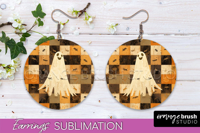 Patchwork Halloween Earrings Round Earrings Sublimation Sublimation OrangeBrushStudio 