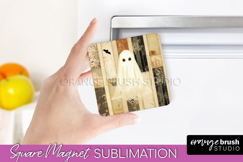 Patchwork Halloween Magnet Sublimation - Ghost Magnet PNG - So Fontsy