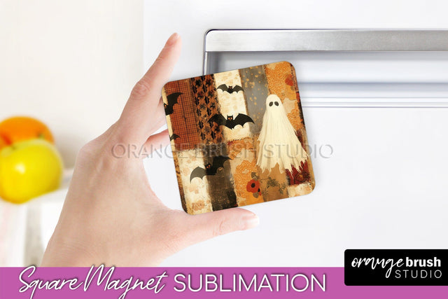 Patchwork Halloween Magnet Sublimation - Ghost Magnet PNG Sublimation OrangeBrushStudio 