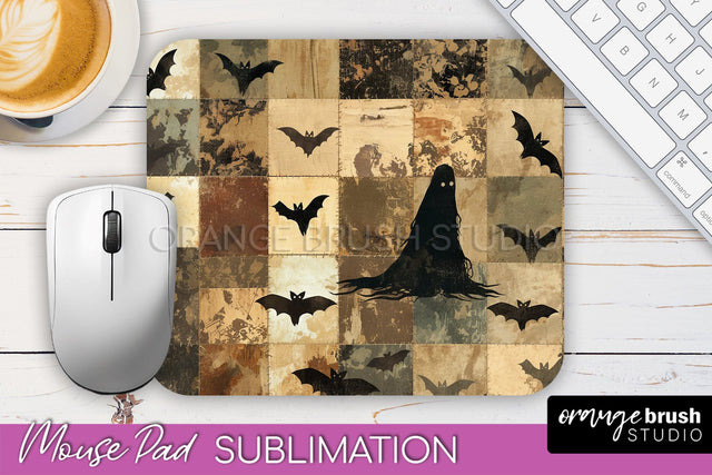 Patchwork Halloween Mouse Pad, Ghost Mousepad Sublimation Sublimation OrangeBrushStudio 