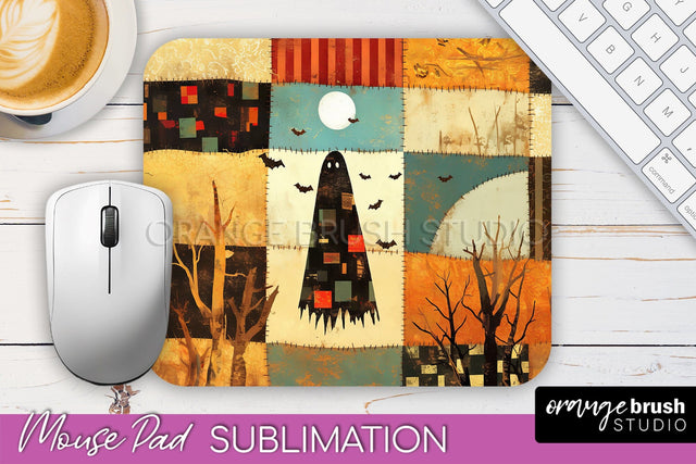 Patchwork Halloween Mouse Pad, Ghost Mousepad Sublimation Sublimation OrangeBrushStudio 