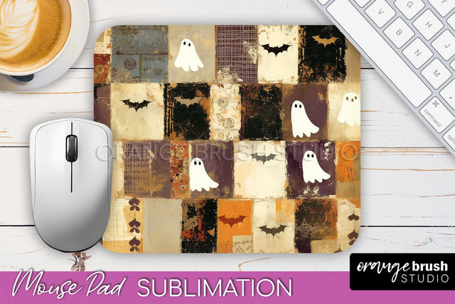 Patchwork Halloween Mouse Pad, Ghost Mousepad Sublimation Sublimation OrangeBrushStudio 