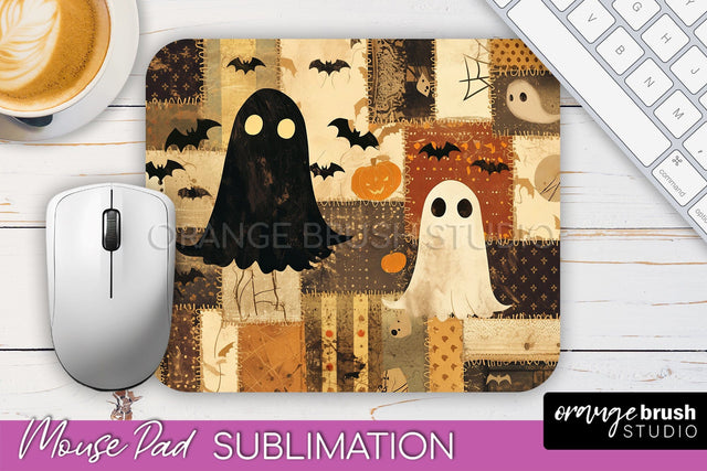 Patchwork Halloween Mouse Pad, Ghost Mousepad Sublimation Sublimation OrangeBrushStudio 