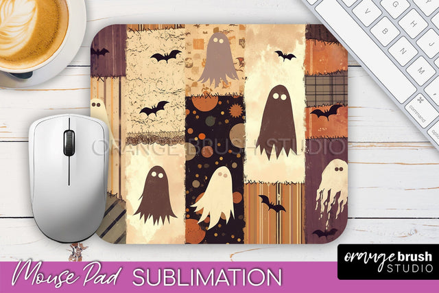 Patchwork Halloween Mouse Pad, Ghost Mousepad Sublimation Sublimation OrangeBrushStudio 