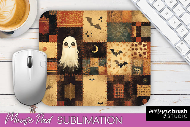 Patchwork Halloween Mouse Pad, Ghost Mousepad Sublimation Sublimation OrangeBrushStudio 