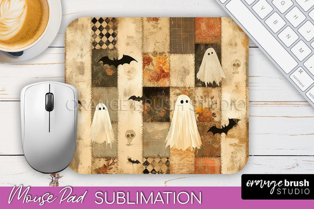 Patchwork Halloween Mouse Pad, Ghost Mousepad Sublimation Sublimation OrangeBrushStudio 