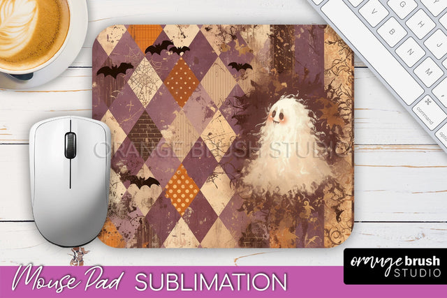 Patchwork Halloween Mouse Pad, Ghost Mousepad Sublimation Sublimation OrangeBrushStudio 