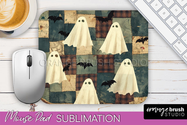 Patchwork Halloween Mouse Pad, Ghost Mousepad Sublimation Sublimation OrangeBrushStudio 
