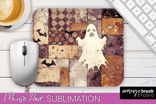 Patchwork Halloween Mouse Pad, Ghost Mousepad Sublimation Sublimation OrangeBrushStudio 