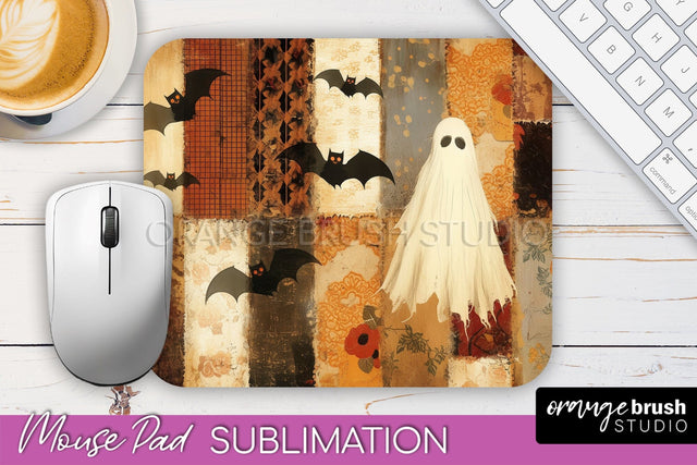 Patchwork Halloween Mouse Pad, Ghost Mousepad Sublimation Sublimation OrangeBrushStudio 