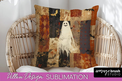 Patchwork Halloween Pillow Sublimation - Ghost Pillow Cover Sublimation OrangeBrushStudio 