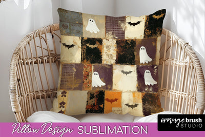 Patchwork Halloween Pillow Sublimation - Ghost Pillow Cover Sublimation OrangeBrushStudio 