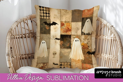 Patchwork Halloween Pillow Sublimation - Ghost Pillow Cover Sublimation OrangeBrushStudio 