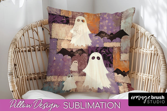 Patchwork Halloween Pillow Sublimation - Ghost Pillow Cover Sublimation OrangeBrushStudio 