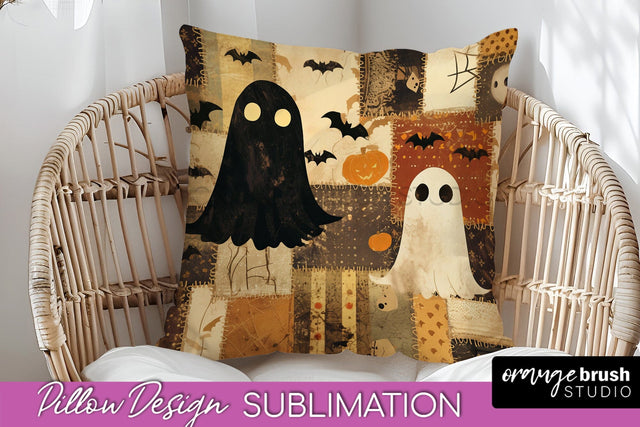 Patchwork Halloween Pillow Sublimation - Ghost Pillow Cover Sublimation OrangeBrushStudio 