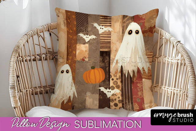 Patchwork Halloween Pillow Sublimation - Ghost Pillow Cover Sublimation OrangeBrushStudio 