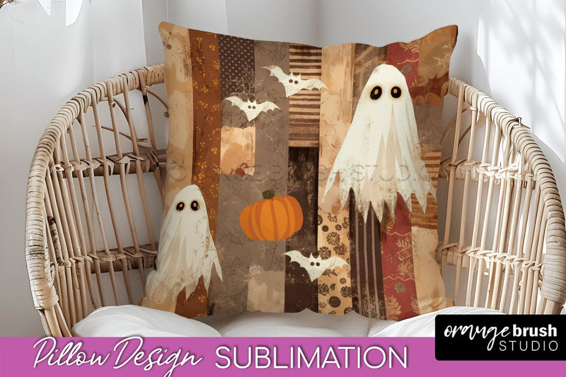 Patchwork Halloween Pillow Sublimation - Ghost Pillow Cover Sublimation OrangeBrushStudio 