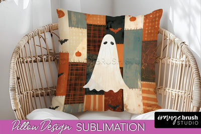 Patchwork Halloween Pillow Sublimation - Ghost Pillow Cover Sublimation OrangeBrushStudio 
