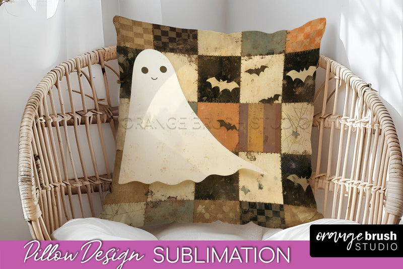 Patchwork Halloween Pillow Sublimation - Ghost Pillow Cover Sublimation OrangeBrushStudio 