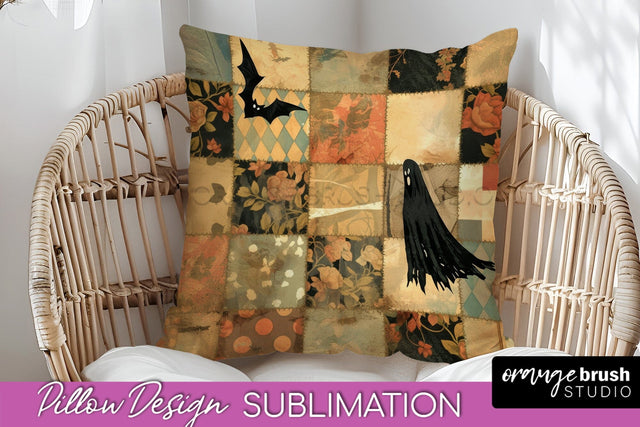 Patchwork Halloween Pillow Sublimation - Ghost Pillow Cover Sublimation OrangeBrushStudio 