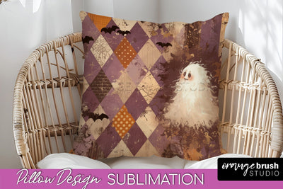 Patchwork Halloween Pillow Sublimation - Ghost Pillow Cover Sublimation OrangeBrushStudio 