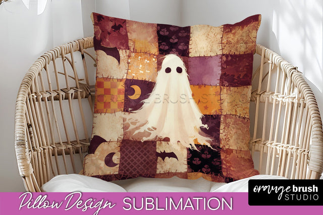 Patchwork Halloween Pillow Sublimation - Ghost Pillow Cover Sublimation OrangeBrushStudio 