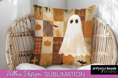 Patchwork Halloween Pillow Sublimation - Ghost Pillow Cover Sublimation OrangeBrushStudio 