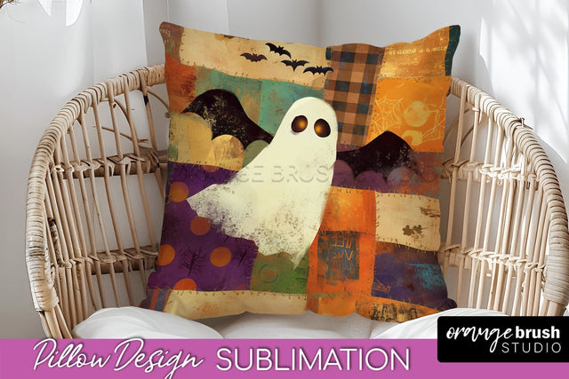 Patchwork Halloween Pillow Sublimation - Ghost Pillow Cover Sublimation OrangeBrushStudio 