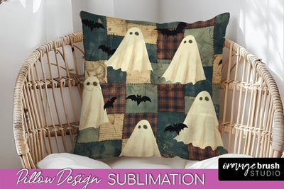Patchwork Halloween Pillow Sublimation - Ghost Pillow Cover Sublimation OrangeBrushStudio 