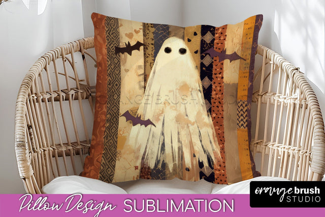 Patchwork Halloween Pillow Sublimation - Ghost Pillow Cover Sublimation OrangeBrushStudio 