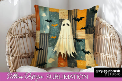 Patchwork Halloween Pillow Sublimation - Ghost Pillow Cover Sublimation OrangeBrushStudio 