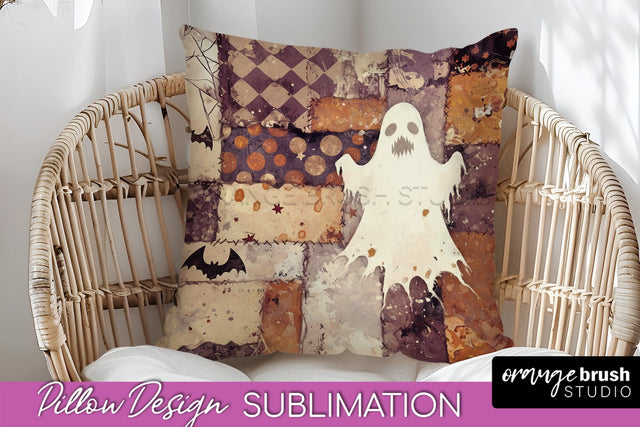 Patchwork Halloween Pillow Sublimation - Ghost Pillow Cover Sublimation OrangeBrushStudio 