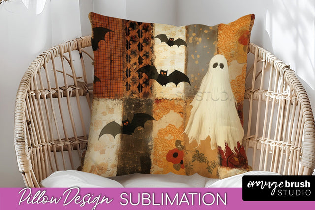 Patchwork Halloween Pillow Sublimation - Ghost Pillow Cover Sublimation OrangeBrushStudio 