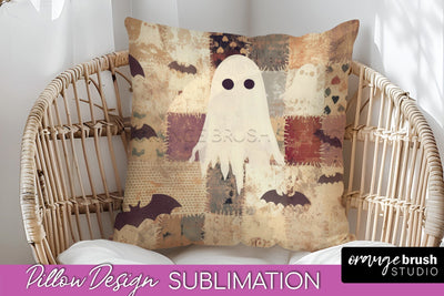 Patchwork Halloween Pillow Sublimation - Ghost Pillow Cover Sublimation OrangeBrushStudio 