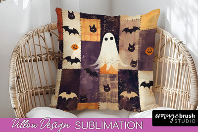 Patchwork Halloween Pillow Sublimation - Ghost Pillow Cover Sublimation OrangeBrushStudio 
