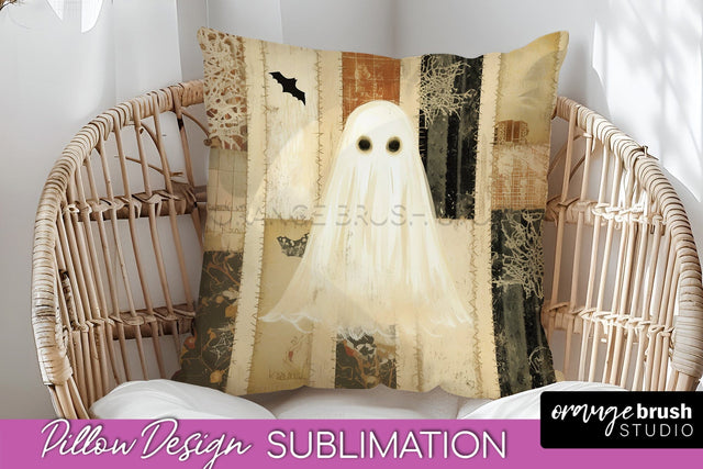 Patchwork Halloween Pillow Sublimation - Ghost Pillow Cover Sublimation OrangeBrushStudio 