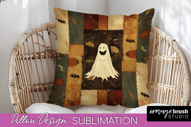 Patchwork Halloween Pillow Sublimation - Ghost Pillow Cover Sublimation OrangeBrushStudio 