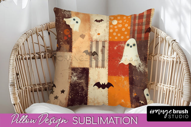 Patchwork Halloween Pillow Sublimation - Ghost Pillow Cover Sublimation OrangeBrushStudio 