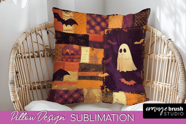 Patchwork Halloween Pillow Sublimation - Ghost Pillow Cover Sublimation OrangeBrushStudio 