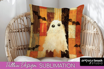 Patchwork Halloween Pillow Sublimation - Ghost Pillow Cover Sublimation OrangeBrushStudio 