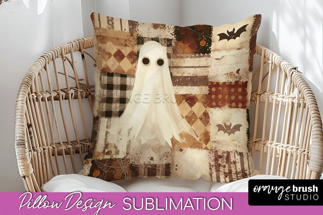 Patchwork Halloween Pillow Sublimation - Ghost Pillow Cover Sublimation OrangeBrushStudio 