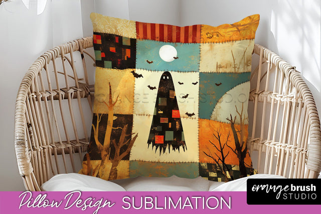 Patchwork Halloween Pillow Sublimation - Ghost Pillow Cover Sublimation OrangeBrushStudio 