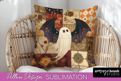 Patchwork Halloween Pillow Sublimation - Ghost Pillow Cover Sublimation OrangeBrushStudio 