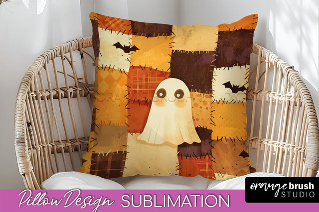 Patchwork Halloween Pillow Sublimation - Ghost Pillow Cover Sublimation OrangeBrushStudio 