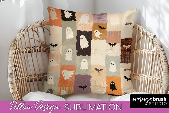 Patchwork Halloween Pillow Sublimation - Ghost Pillow Cover Sublimation OrangeBrushStudio 