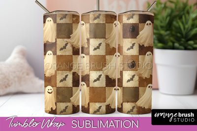 Patchwork Halloween Tumbler Wrap - Ghost Tumbler Sublimation Sublimation OrangeBrushStudio 