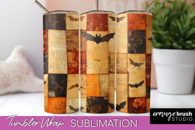 Patchwork Halloween Tumbler Wrap - Ghost Tumbler Sublimation Sublimation OrangeBrushStudio 